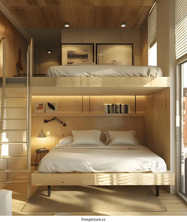 Modern Loft Style Bedroom Interior Design with Wooden Walls and Bunk Beds