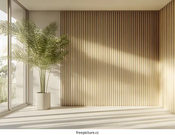 Minimalist Room Interior Design with Wooden Wall and Sunlight