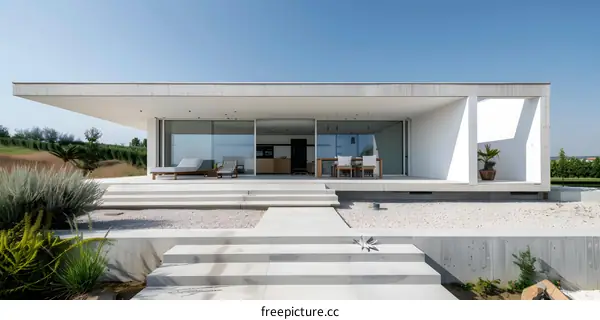 Modern Concrete House with Large Glass Windows and Stone Patio