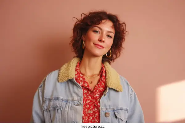 Woman in a Denim Jacket and Floral Shirt against a Pastel Background