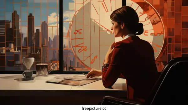 Businesswoman Looking Out Office Window at Urban Cityscape