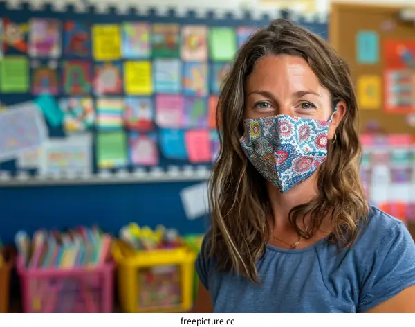 portrait of a female teacher wearing a facial mask in a classroom