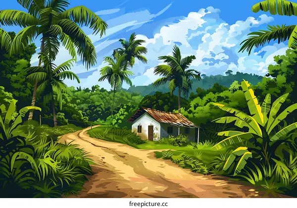 Tropical Jungle Landscape With Palm Trees And A Small House