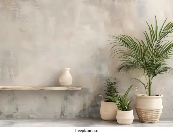 Minimalist Home Decor with Green Plants and Concrete Wall