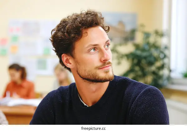 Thoughtful Caucasian Male Student in Classroom