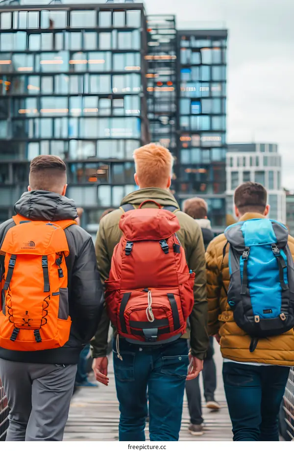 Backpackers Walking on a City Street