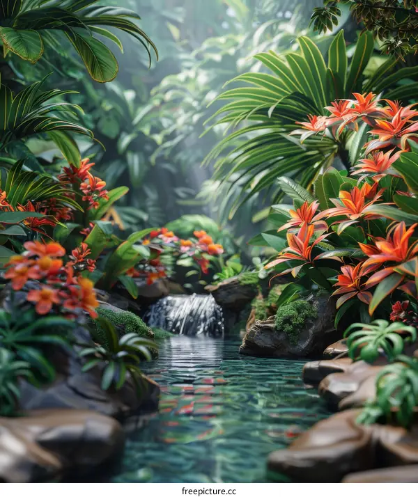 Tropical Rainforest Waterfall Scenery Illustration