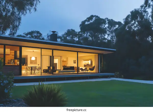 Modern Glass House Exterior with Warm Interior Lighting at Dusk