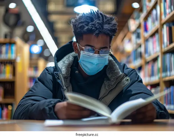 Young African-American man wearing a mask reading a book in a library