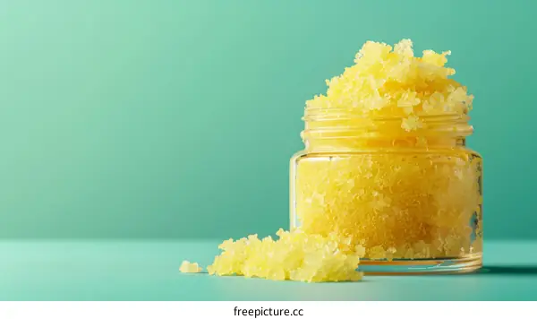 Close-up of a jar of yellow body scrub