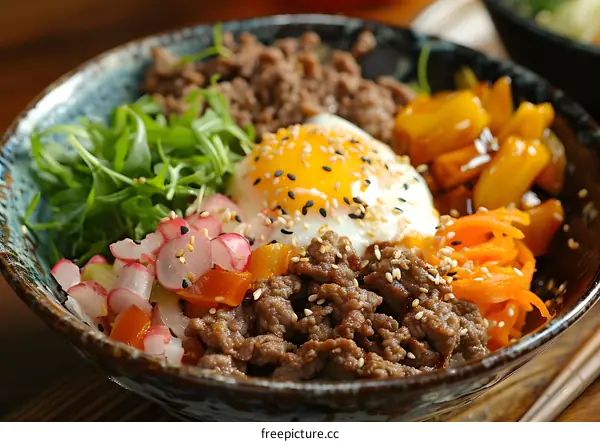 Korean Beef Bibimbap with Fried Egg, Sesame Seeds and Vegetables