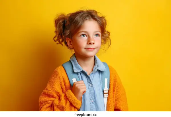 Adorable Little Girl with a Backpack Against a Bright Yellow Background