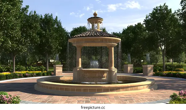 Stone Fountain with Covered Structure in Garden Setting