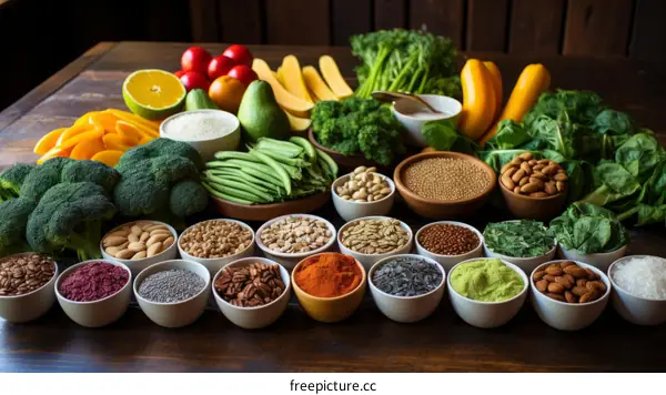 A variety of healthy food ingredients are arranged on a wooden table.