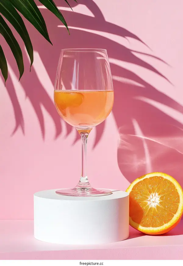 Pink Cocktail Drink on a White Pedestal with Orange Slice and Palm Leaf Shadow