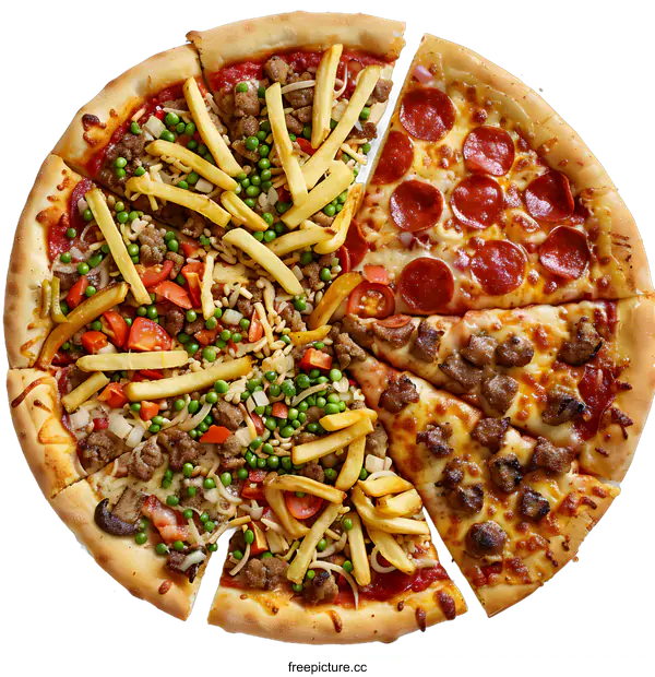 [Transparent Background PNG]Close Up Of A Delicious Pepperoni And Sausage Pizza With Fries And Peas