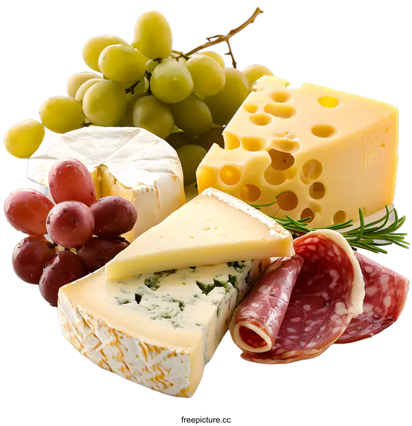 [Transparent Background PNG]Gourmet Cheese Platter with Grapes and Salami