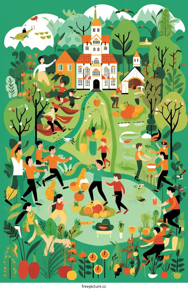 Villagers dancing and celebrating the harvest in a rural community