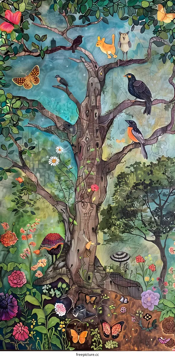 Tree of Life Watercolor Painting with Animals and Flowers