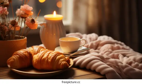 A cozy still life with croissants, tea, and flowers
