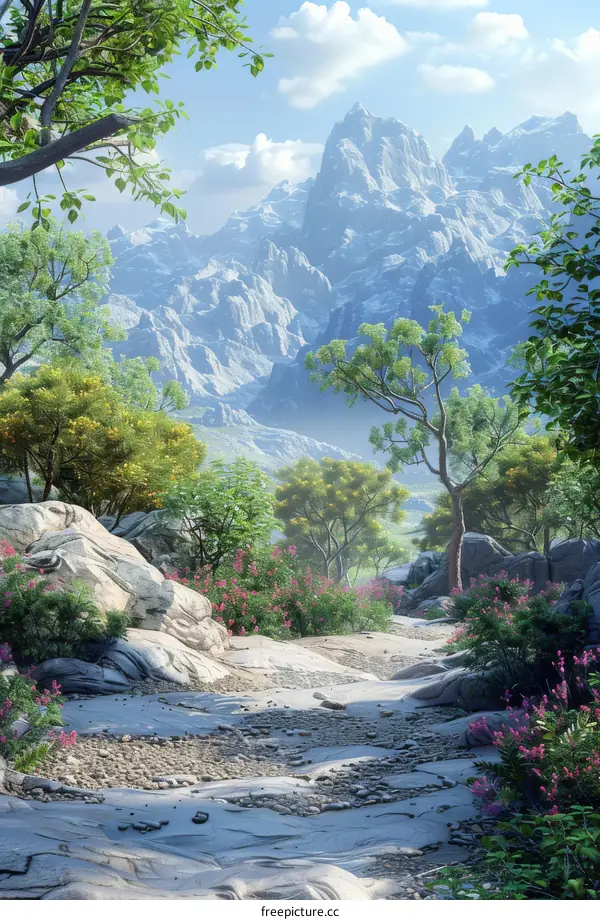 Rocky Mountains with Trees and Flowers in the Foreground