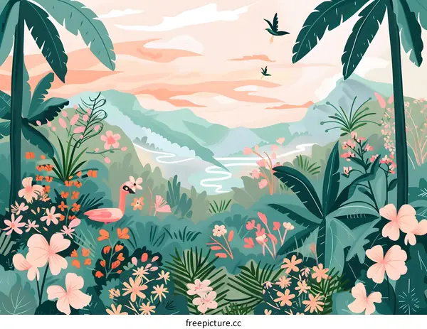 Tropical Rainforest Illustration with a Flamingo