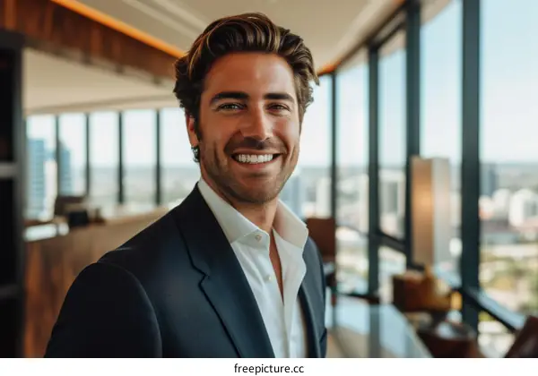 Portrait of a successful young businessman smiling in an office