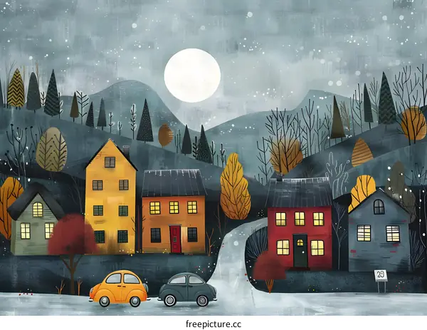 Winter Night in a Snowy Village