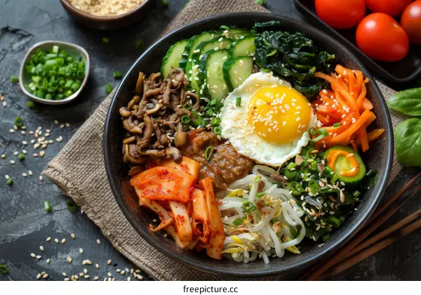 Korean Bibimbap with Rice, Meat, Eggs, and Vegetables