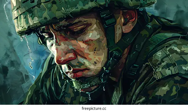 A soldier wearing a green camouflage helmet and uniform with a pained expression on his face