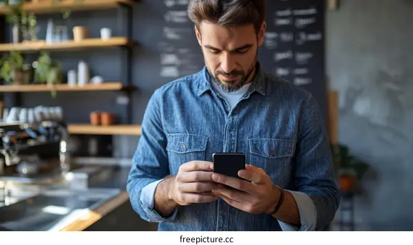 Man Using Smartphone in Cafe Interior
