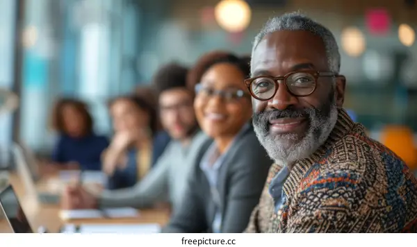 Smiling African American businessman in glasses with colleagues in the background