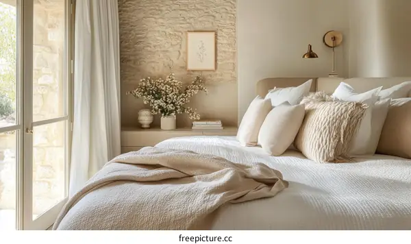 Beige Bedroom with Stone Wall and French Doors