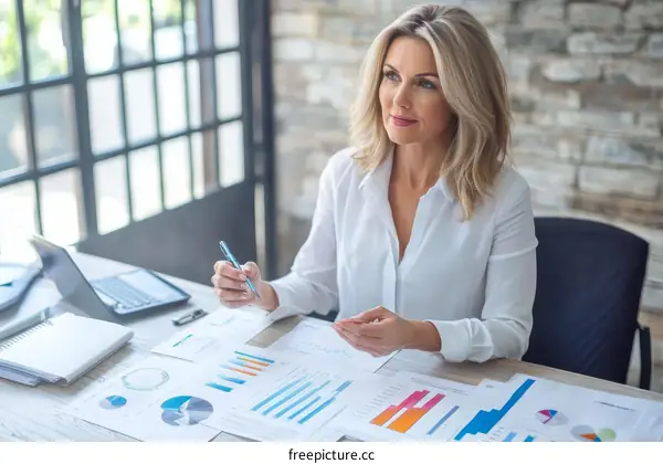 Businesswoman Analyzing Financial Reports in Office
