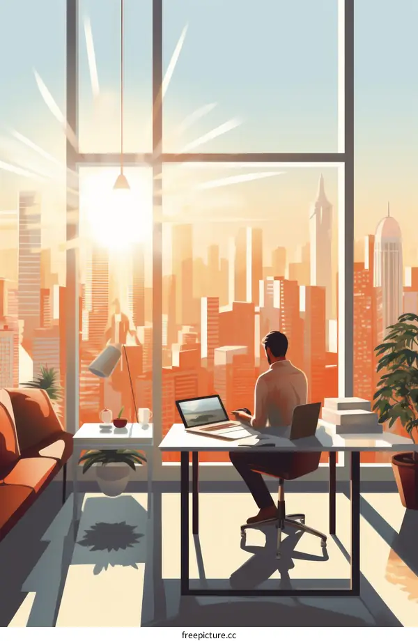 Business Professional Gazes at Expansive Cityscape Skyline from Office Window