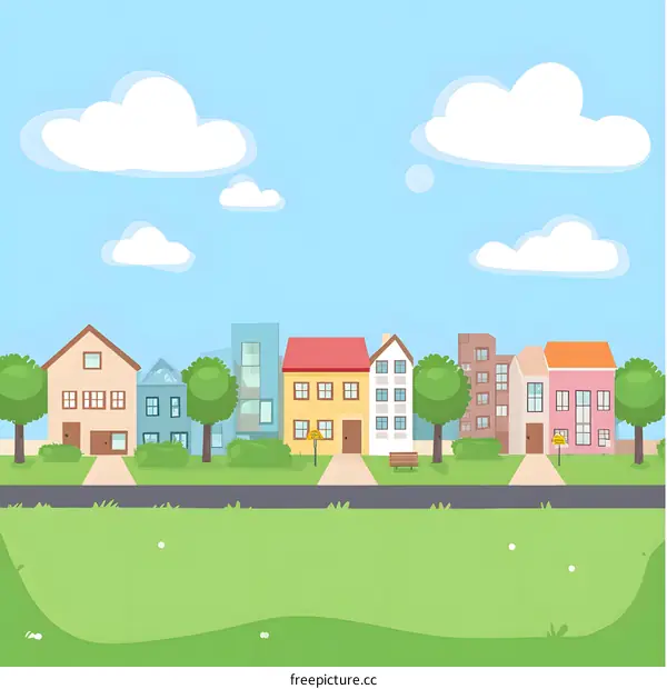 Cartoon Illustration of a Colorful Neighborhood with Houses, Trees, and Clouds