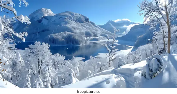 Snowy Mountains And Lake View In Winter