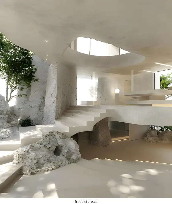 Modern Architecture Design with Curved Concrete Ceiling and Stone