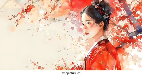 Asian Woman in Red Hanbok Watercolor Painting