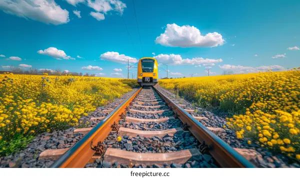 A yellow train speeding through a field of yellow flowers