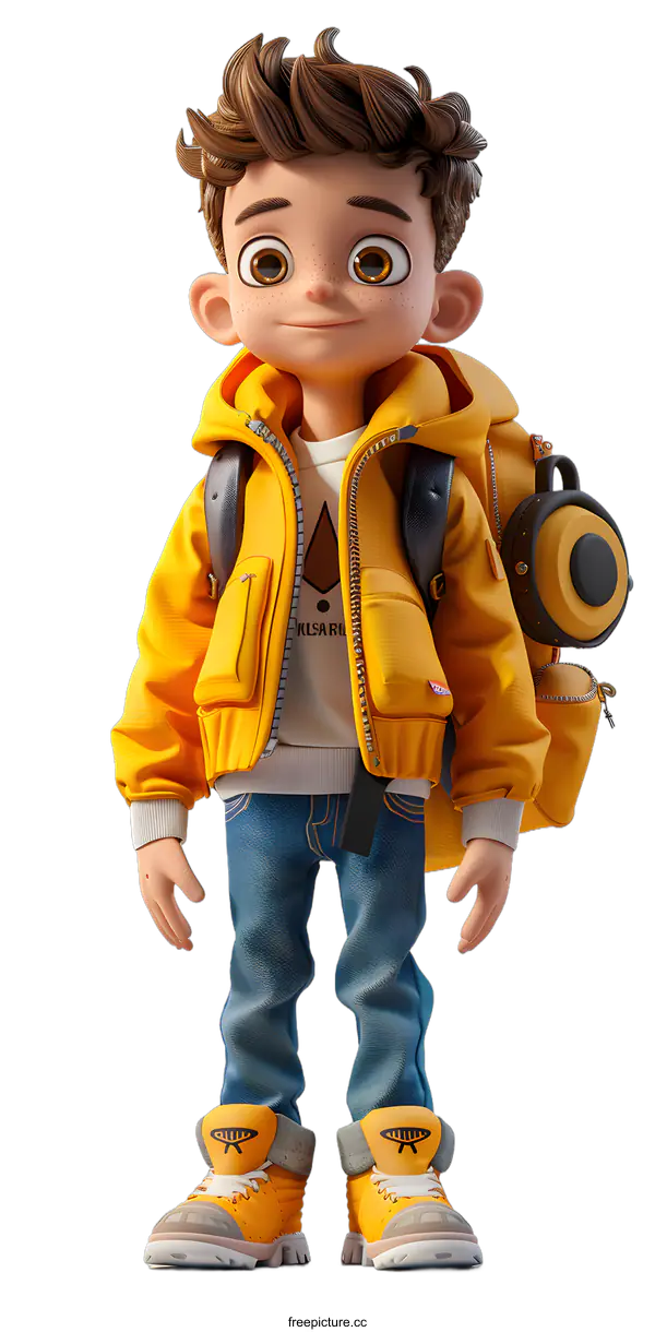 [Transparent Background PNG]A 3D rendering of a young boy wearing a yellow jacket and blue jeans