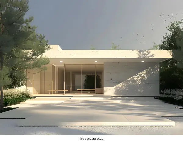 Modern Minimalist House with Stone Facade and Large Glass Windows