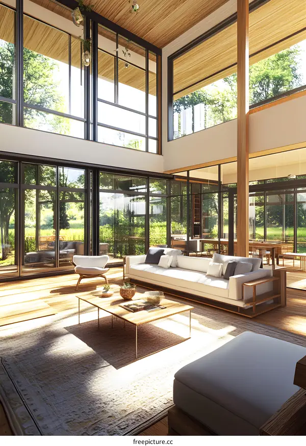 Modern Living Room with Large Windows and Wooden Floor