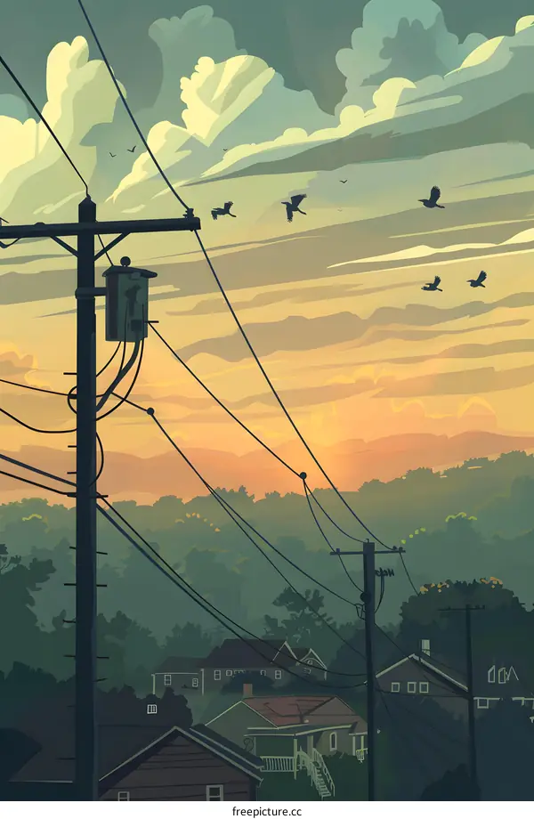 Sunset Over Suburban Houses and Power Lines Illustration