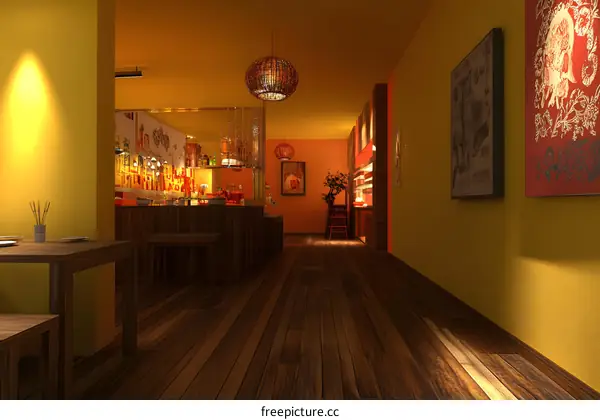 Modern Asian Restaurant Interior Design With Wooden Floor And Yellow Walls