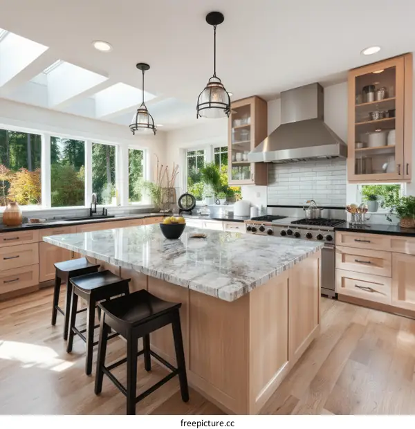 Modern kitchen design with large island and stainless steel appliances