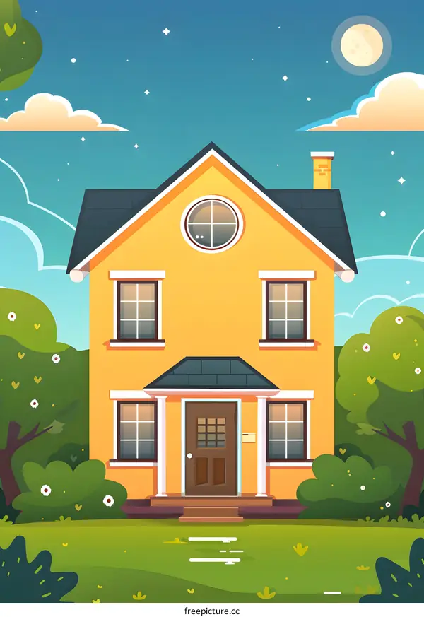 Yellow House with Green Lawn and Night Sky