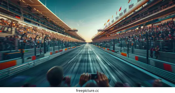 Spectators at a Formula 1 race track with a motion blurred background