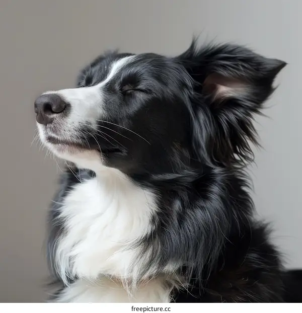 A black and white Border Collie dog is sitting with its eyes closed.