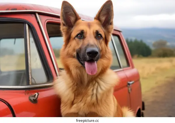 Brown German Shepherd Sitting on Vintage Red Car